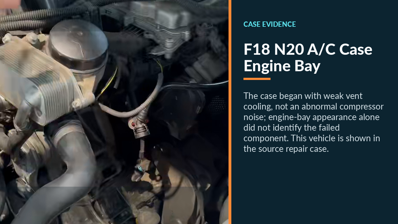 Engine bay of the 2014 BMW 525i F18 with weak air-conditioning performance.
