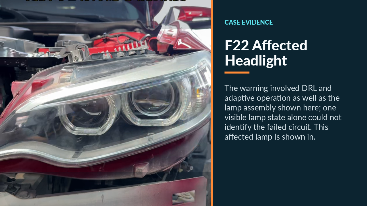 Affected BMW 220i F22 headlight assembly before module replacement.
