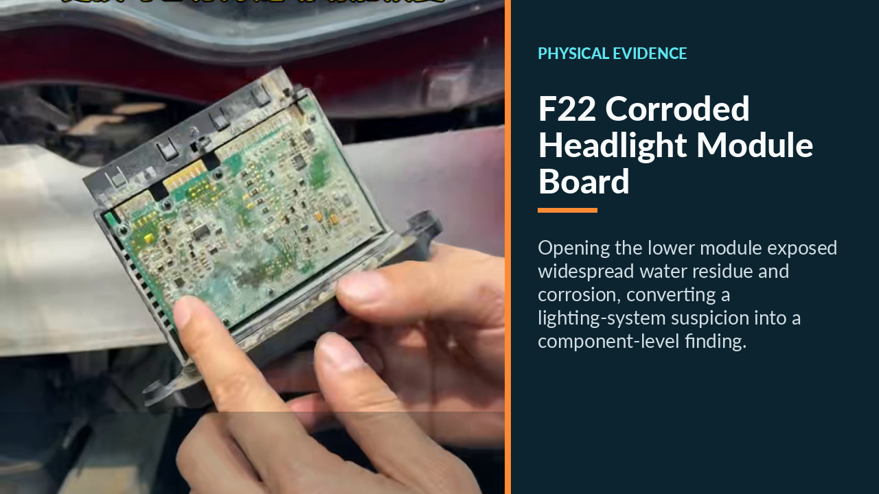 Opened BMW F22 headlight control module with severe circuit-board corrosion.