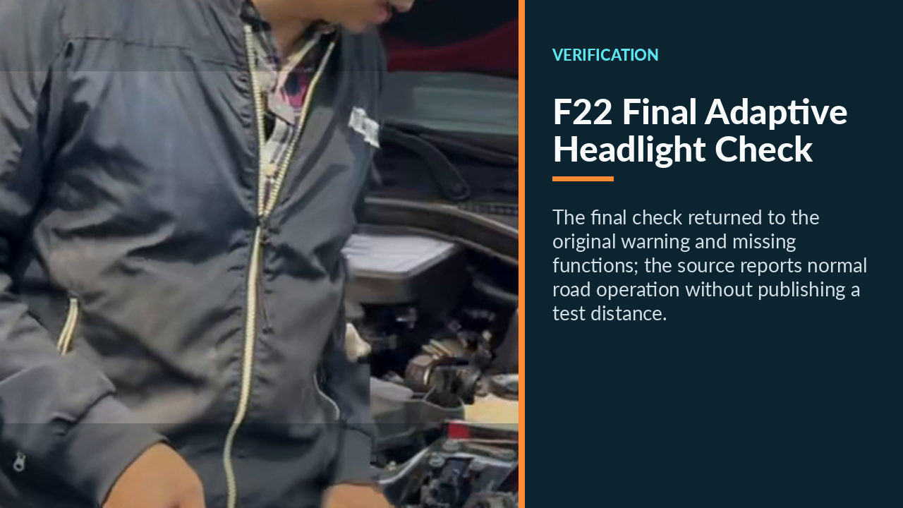 Technician checking the installed BMW F22 adaptive headlight after repair.