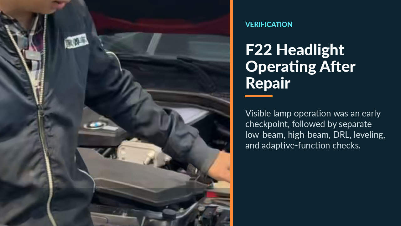 BMW F22 headlight illuminated after module coding and adaptive calibration.