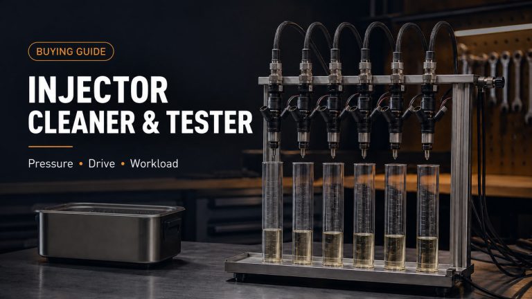 Six fuel injectors and graduated cylinders under the words Injector Cleaner and Tester.