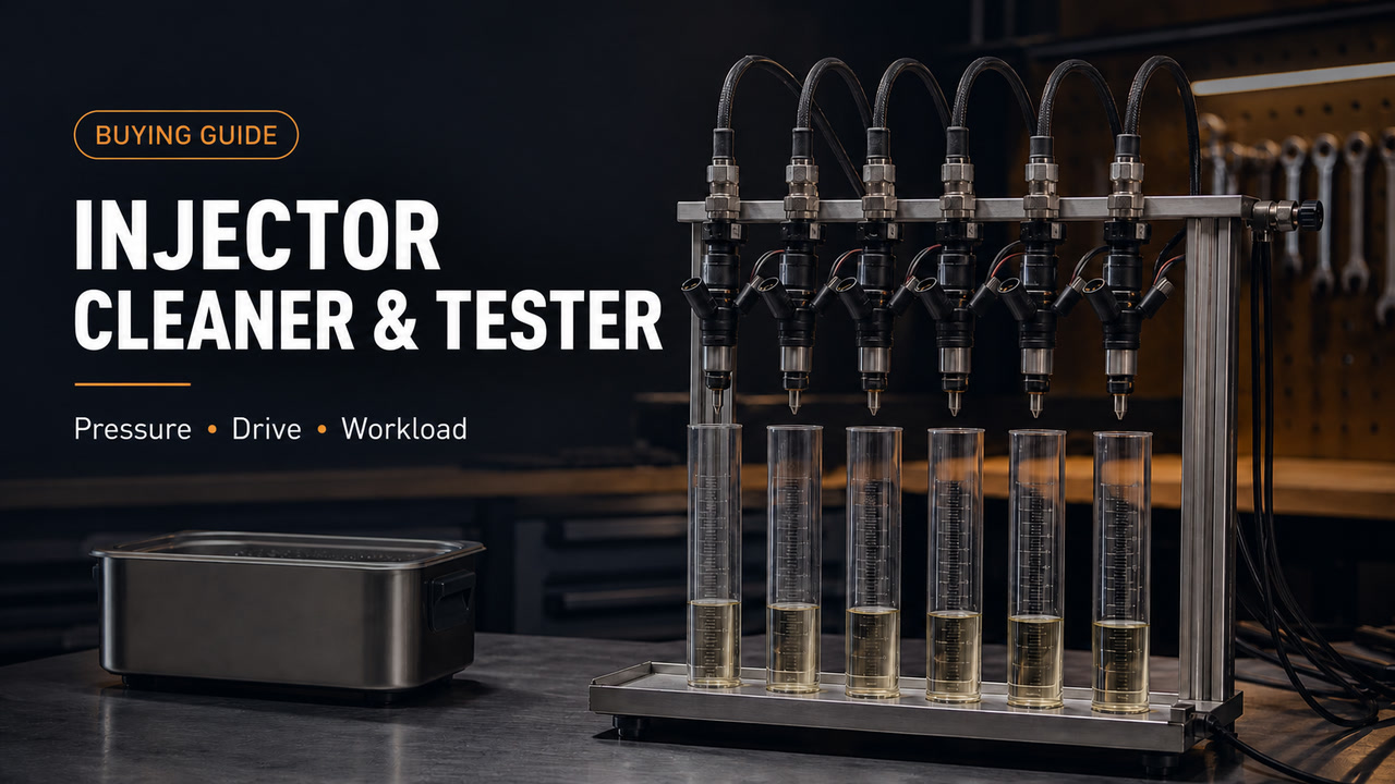 Six fuel injectors and graduated cylinders under the words Injector Cleaner and Tester.