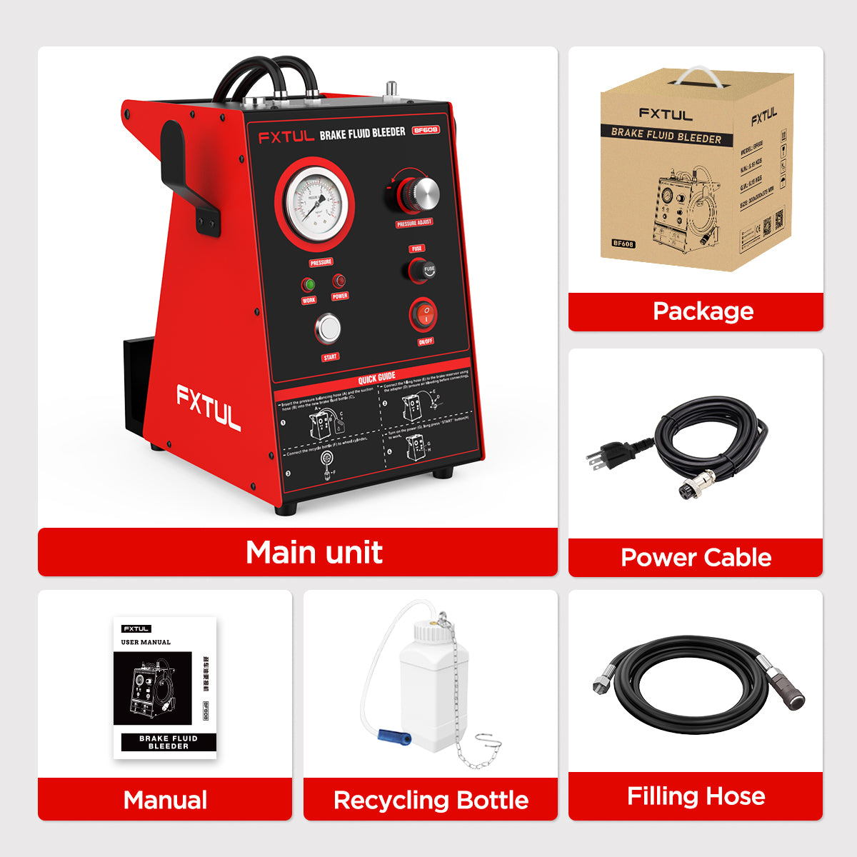 FXTUL BF608 package with main unit power cable supplied manual recovery bottle and filling hose arranged for inspection.