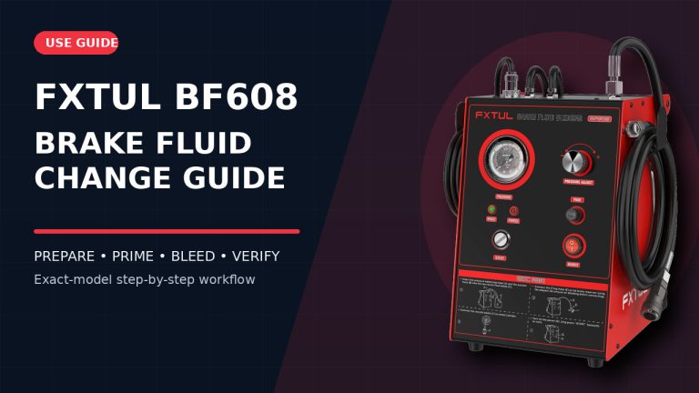 FXTUL BF608 motorcycle brake fluid changer beside a How to Use title.