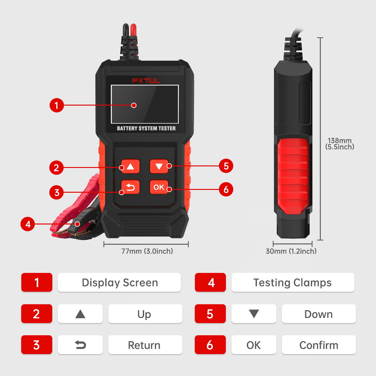 FXTUL BT50 front and side diagram identifying the display screen up down return and confirm buttons and battery test clamps.