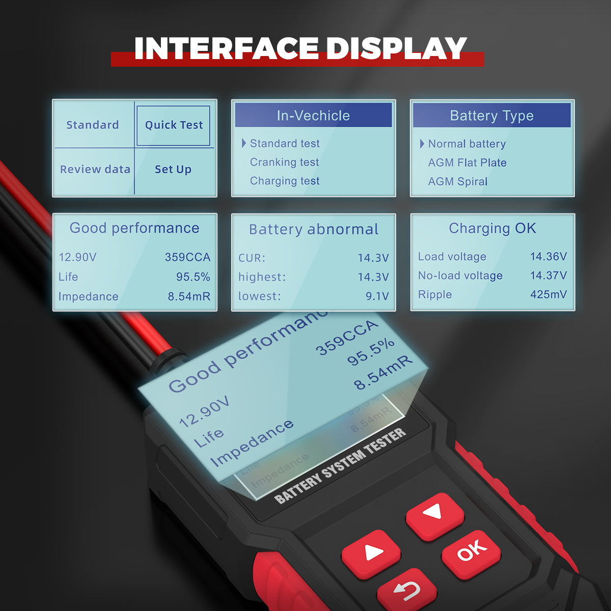 FXTUL BT50 screens for Standard Test Quick Test in-vehicle battery type battery result cranking result and charging result.