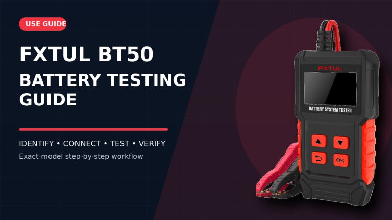FXTUL BT50 battery system tester beside a How to Use title.