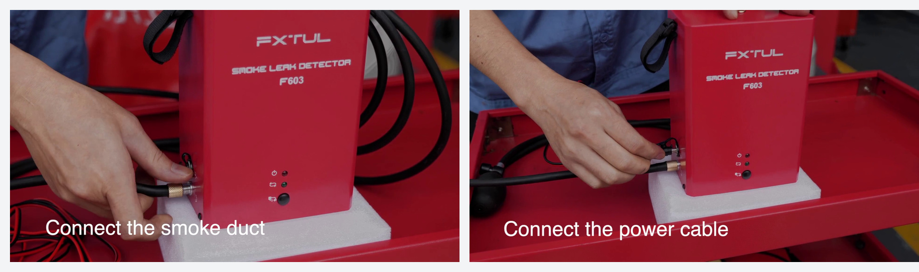 Smoke hose and power lead being connected to the separate FXTUL F603 side ports