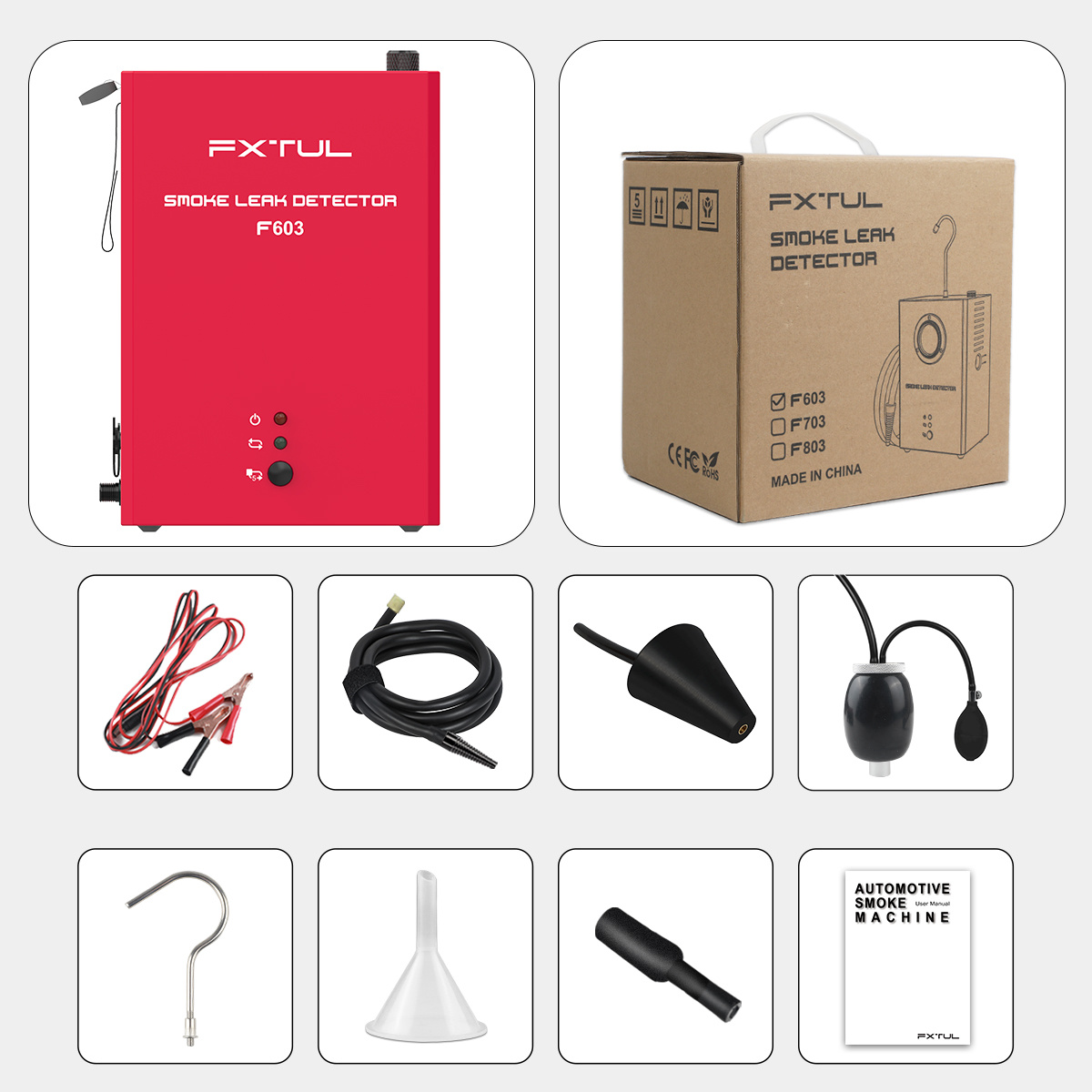 FXTUL F603 smoke leak detector with its included hoses, adapters, hook, funnel and manual