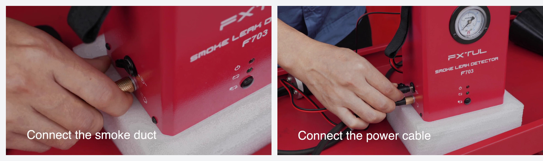 Smoke hose and power lead being connected to the separate FXTUL F703 side ports