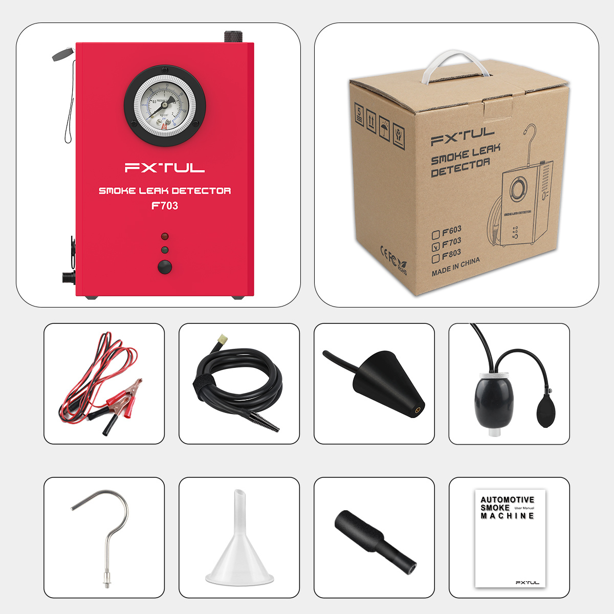 FXTUL F703 smoke leak detector with its included hoses, adapters, hook, funnel and manual