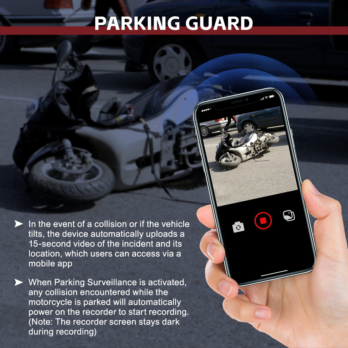FXTUL F8-B parking guard presentation with a motorcycle incident clip in the mobile app and dark-screen parking surveillance explanation.