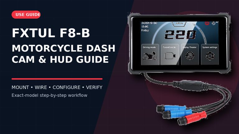 FXTUL F8-B motorcycle dash cam and hud beside a How to Use title.