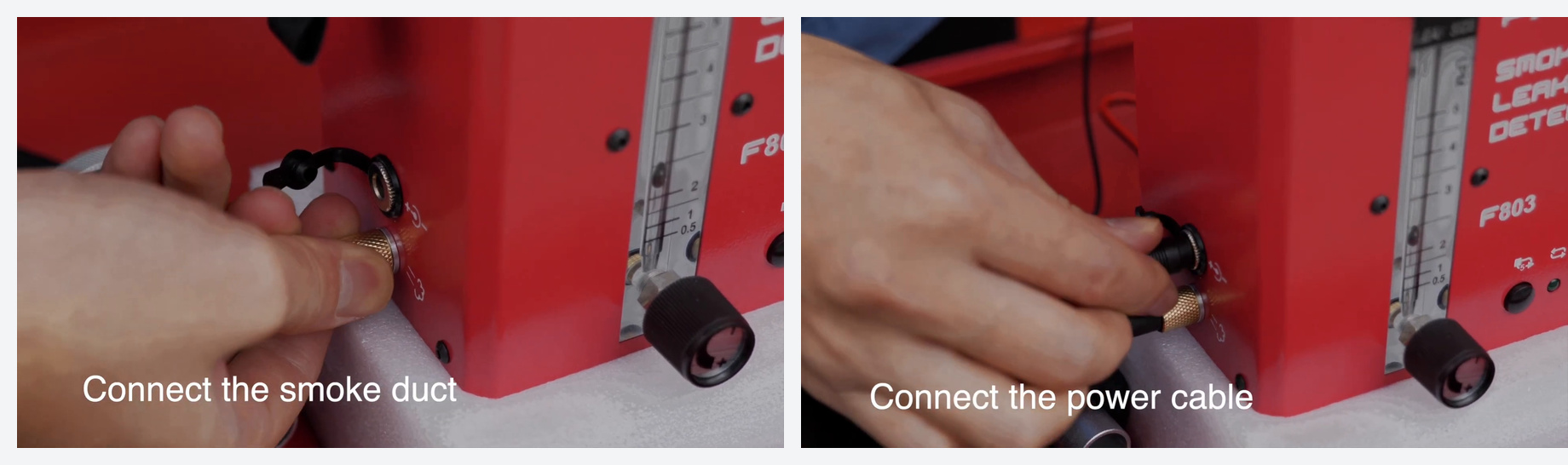 Smoke hose and machine-side 12-volt lead being connected to the separate FXTUL F803 side ports