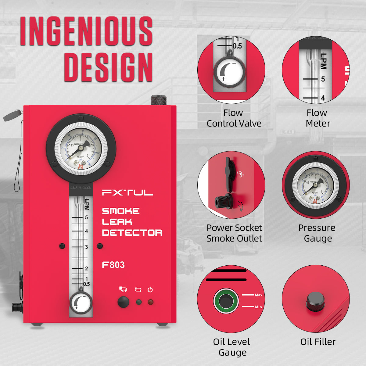 FXTUL F803 diagram identifying its flow-control valve flow meter pressure gauge power socket smoke outlet oil level and filler