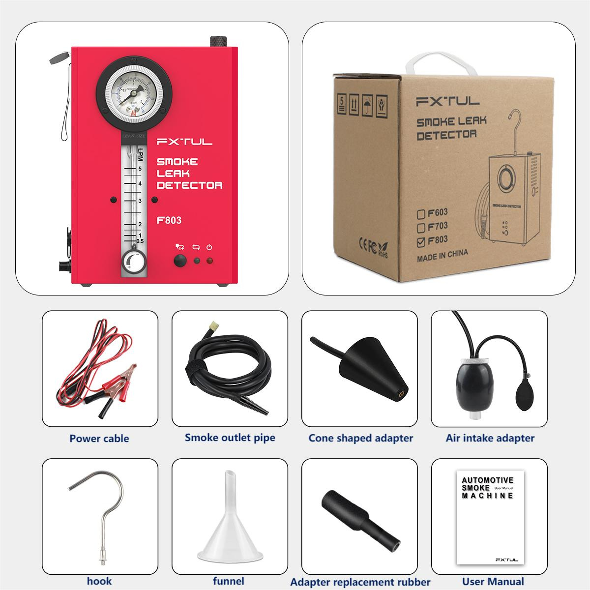FXTUL F803 smoke leak detector with power cable smoke hose cone intake bladder hook funnel replacement rubber and manual