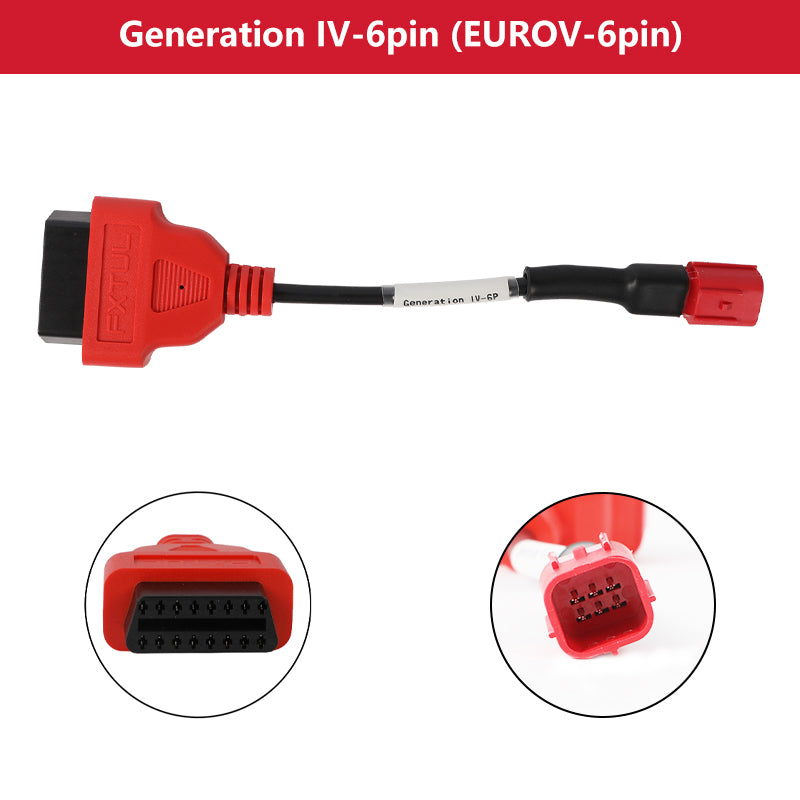 FXTUL Generation IV EuroV 6-pin motorcycle diagnostic cable with both connector faces shown.