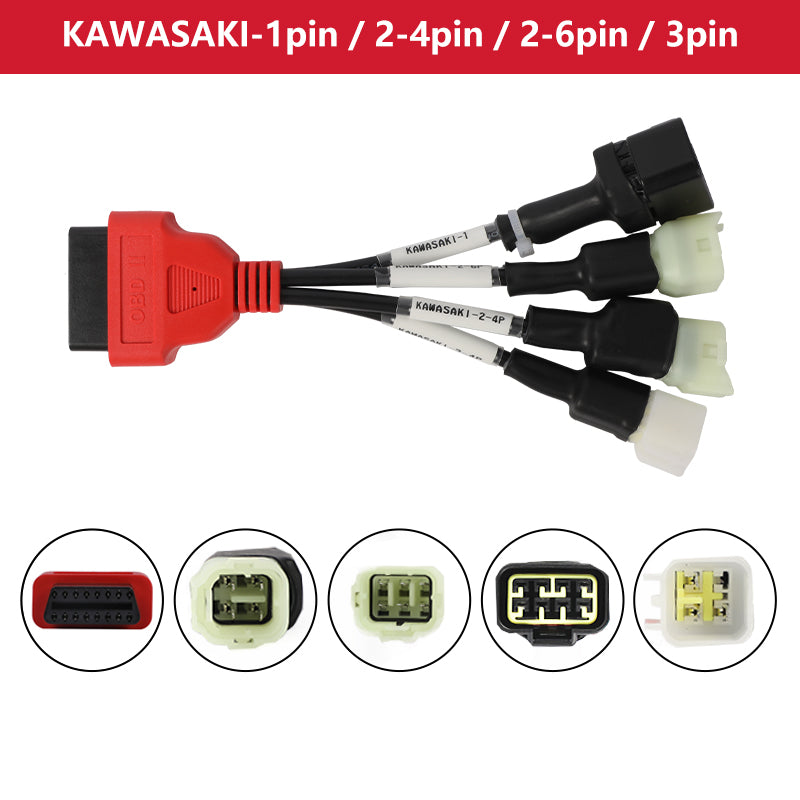 FXTUL Kawasaki motorcycle diagnostic cable set with one scanner-side plug and four labeled vehicle-side connectors.