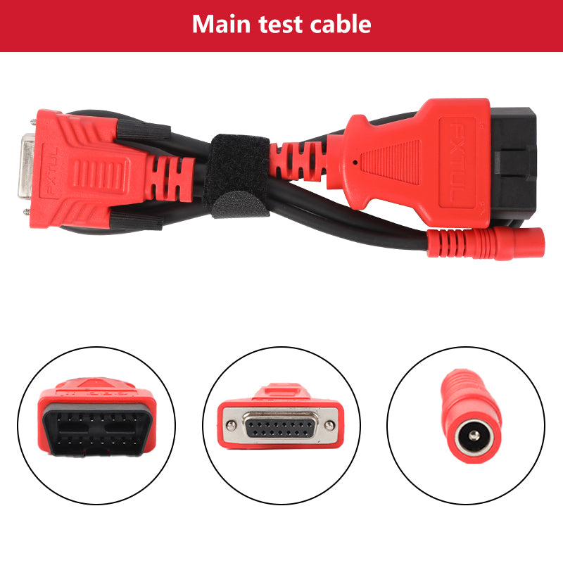 FXTUL M7 main test cable with OBD-style scanner-side plug serial connector and power connector shown.