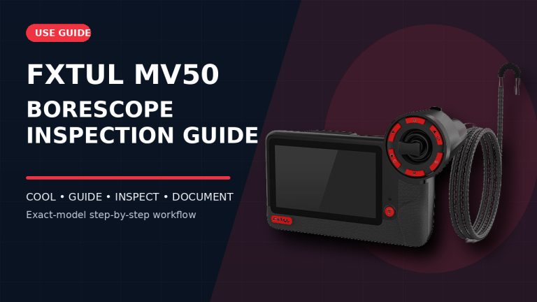 FXTUL MV50 articulating borescope beside a How to Use title.
