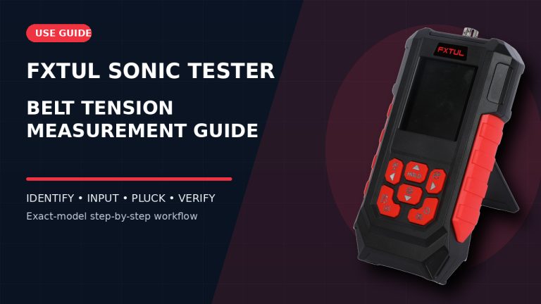 FXTUL Sonic Belt Tension Tester beside a How to Use title.