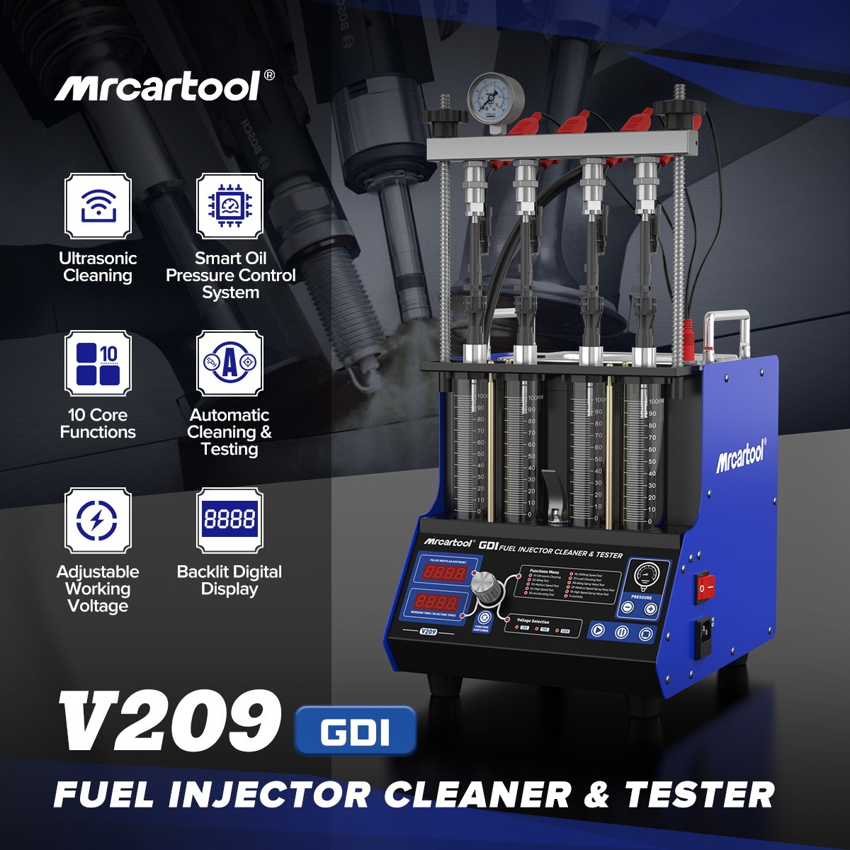 Exact first-party product or workflow view of MRCARTOOL V209 four-cylinder GDI and outboard injector bench