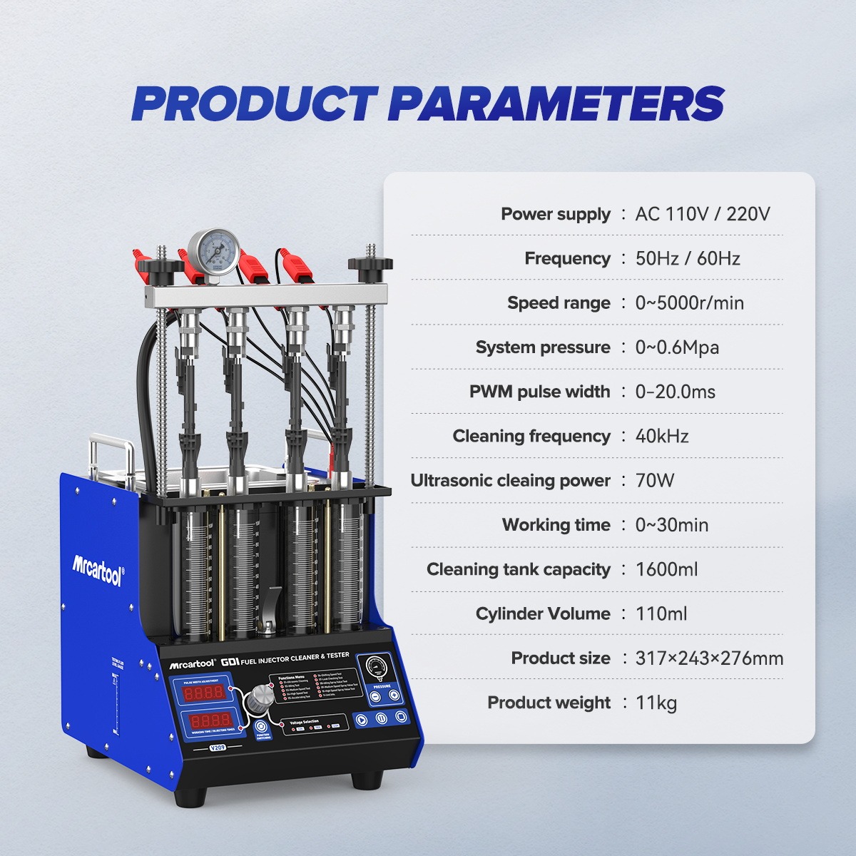 Second exact first-party product or workflow view of MRCARTOOL V209 four-cylinder GDI and outboard injector bench