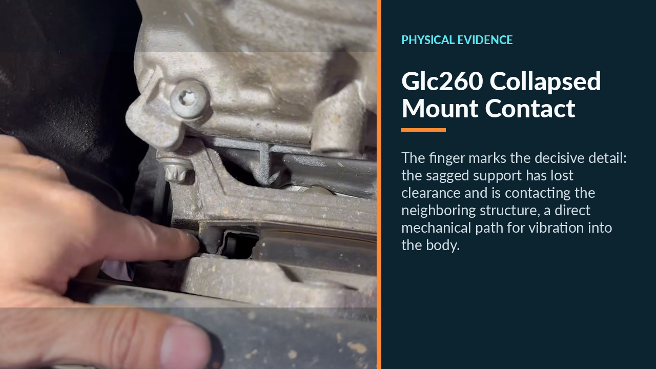Finger pointing to lost clearance where the sagged GLC260 powertrain mount contacts adjacent structure