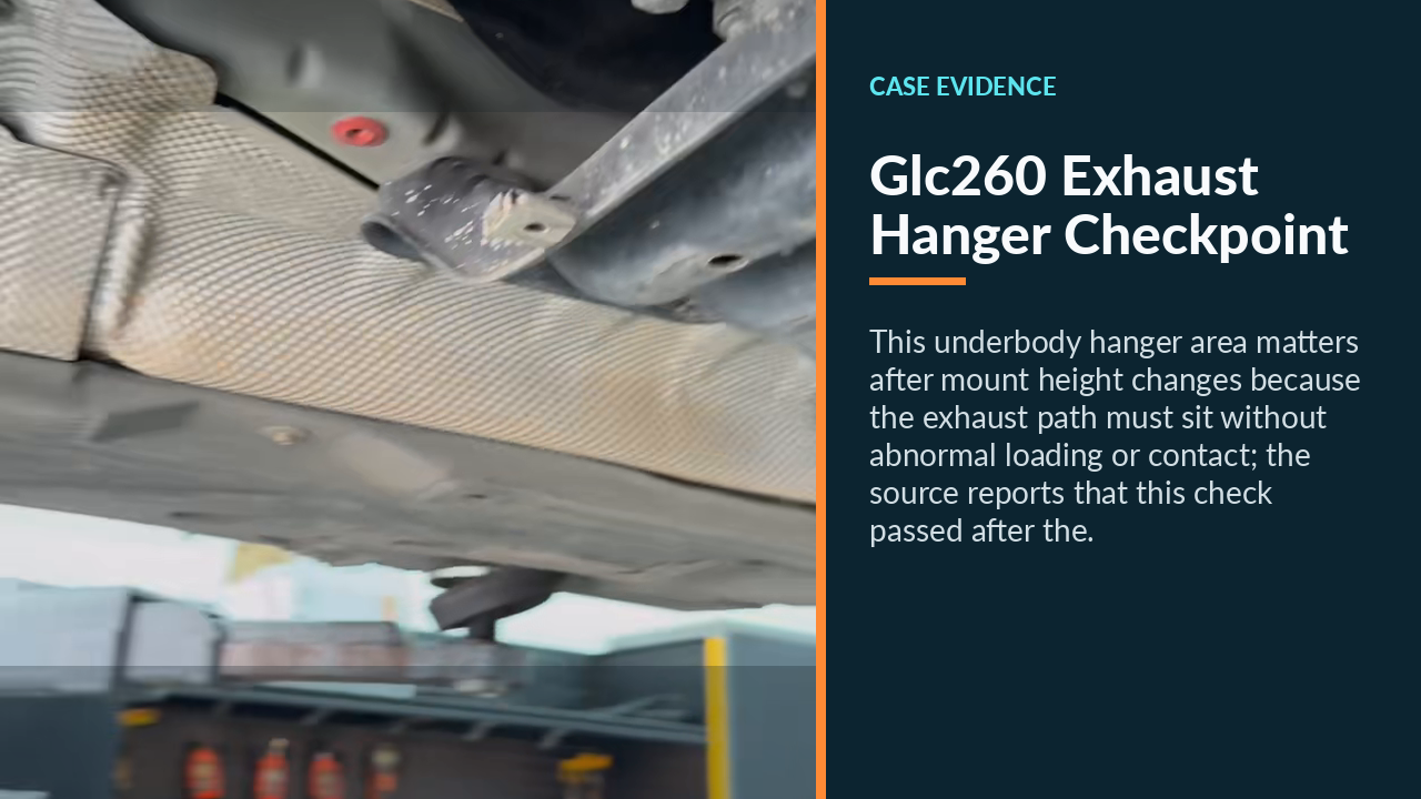 Underbody exhaust hanger area beside the GLC260 powertrain path