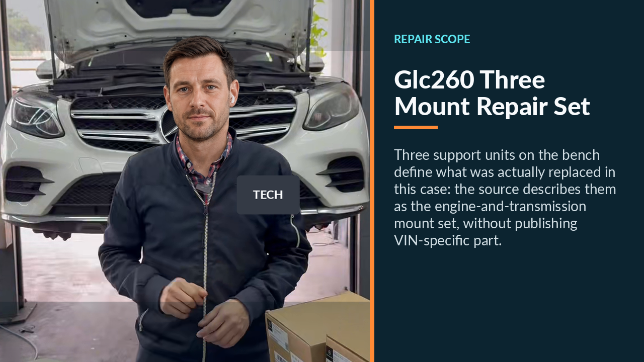 Three removed and replacement powertrain support units arranged in front of the Mercedes GLC260