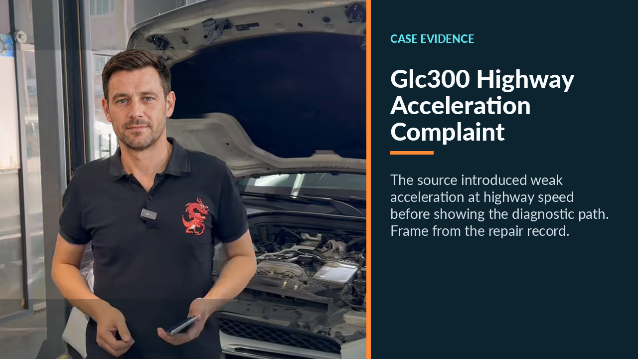 Mercedes GLC300 with its hood open as the highway acceleration complaint is introduced