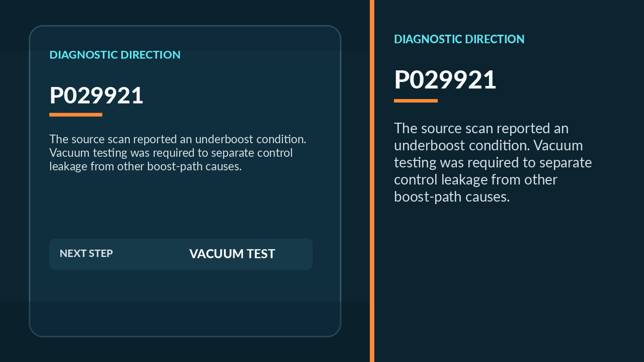 Diagnostic display showing Mercedes fault code P029921 for turbocharger boost pressure too low