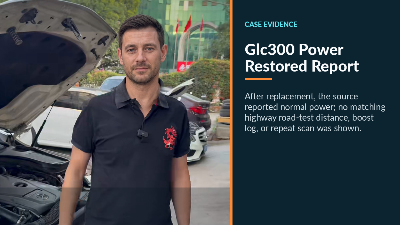 Mercedes GLC300 beside the open hood as normal power is reported after actuator replacement