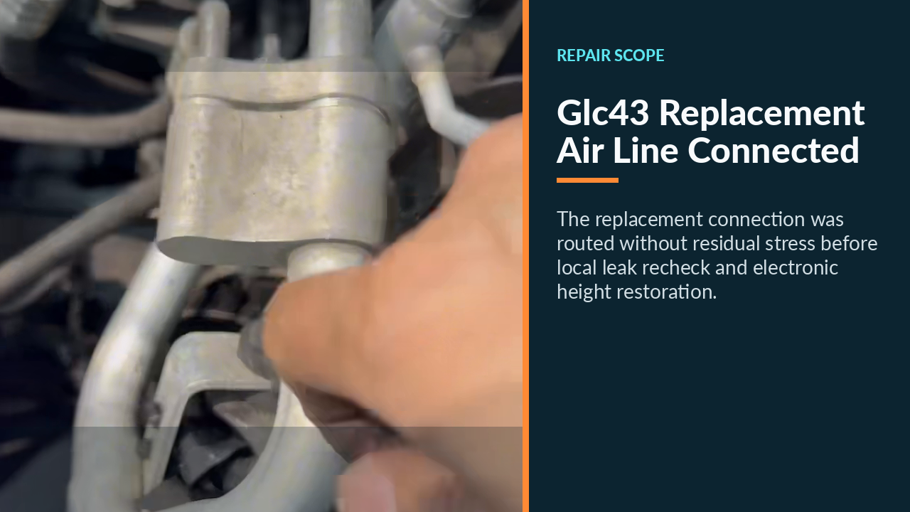 Replacement Mercedes air-suspension line seated at the repaired connection.