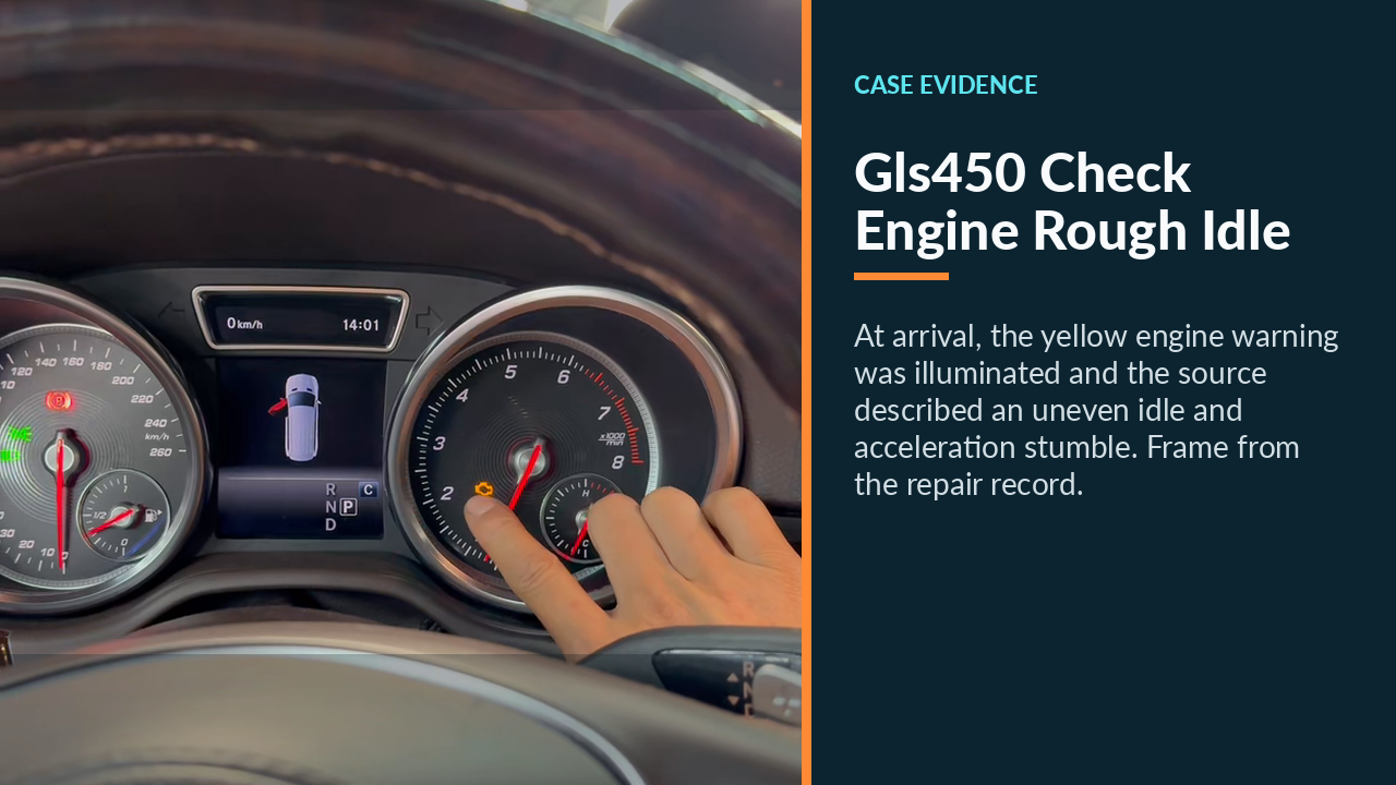 Mercedes GLS450 cluster with the yellow engine warning illuminated at idle