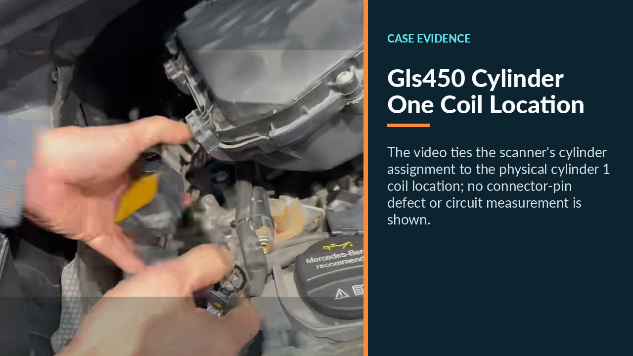 Hand indicating the cylinder 1 ignition coil location in the Mercedes M276 engine bay