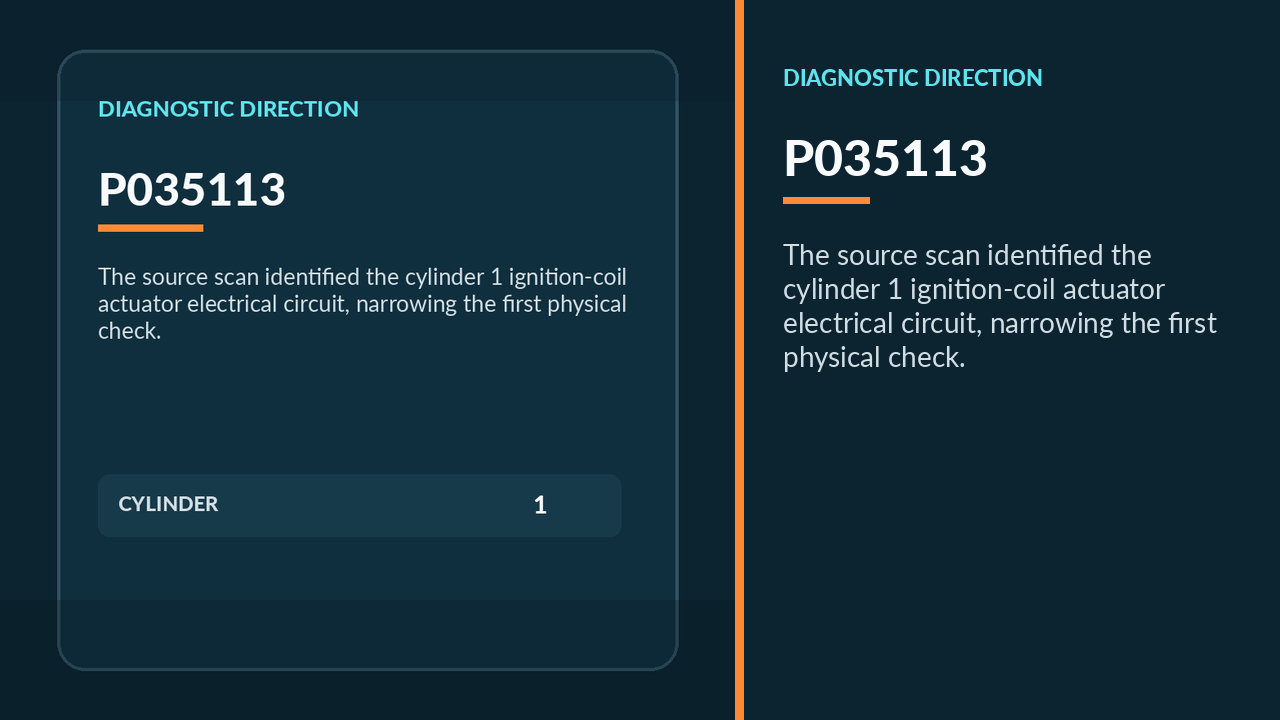 Diagnostic tablet displaying Mercedes fault code P035113 for cylinder 1 ignition coil actuation