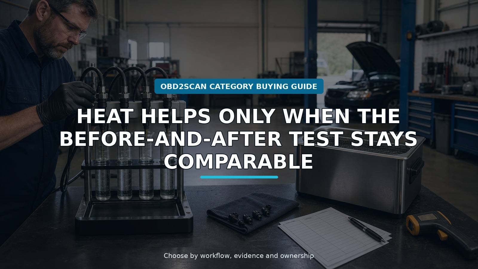 Workshop scene for heated 4-cylinder fuel injector cleaner tester buying guide
