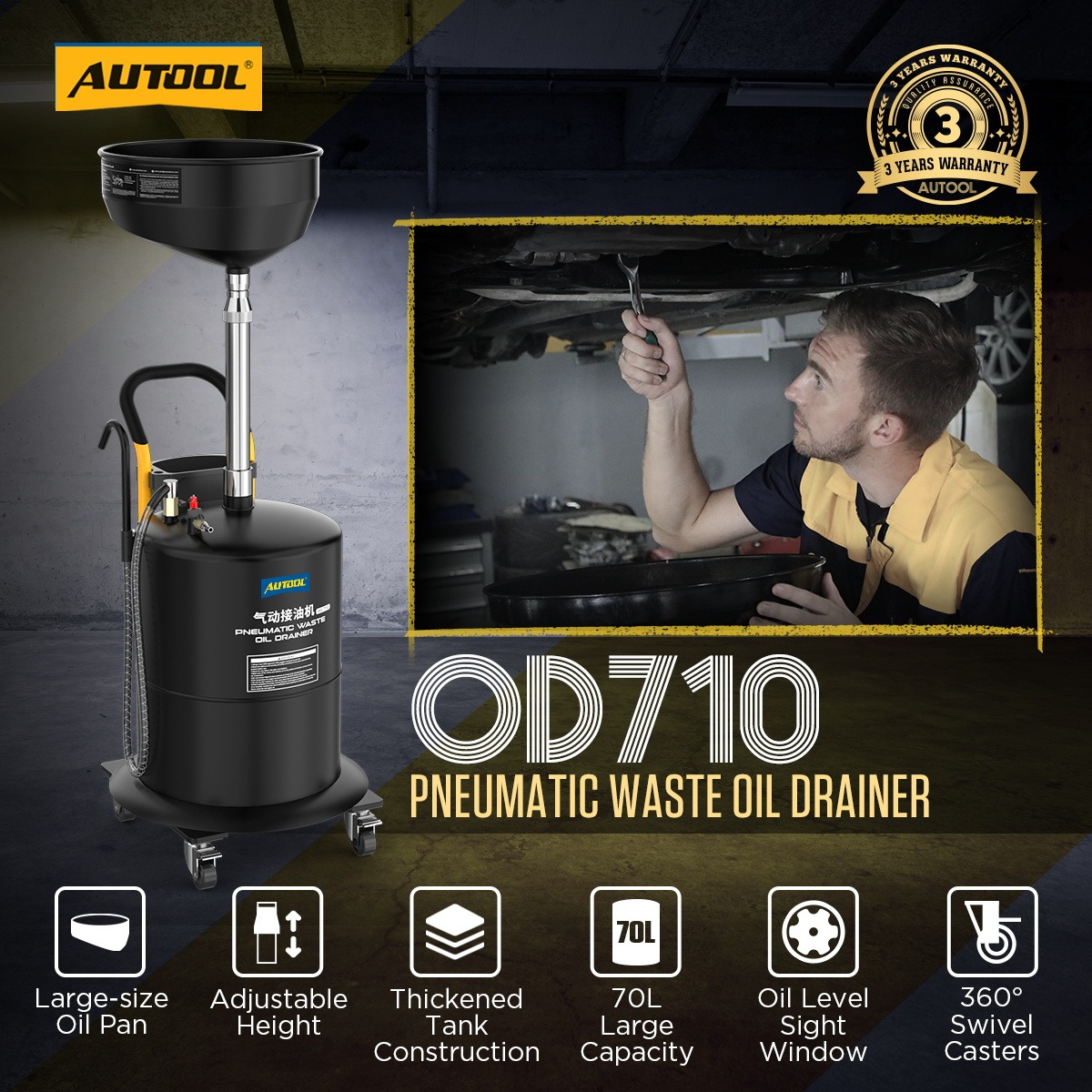 Exact first-party product or workflow view of AUTOOL OD710 high-capacity pneumatic waste-oil collector