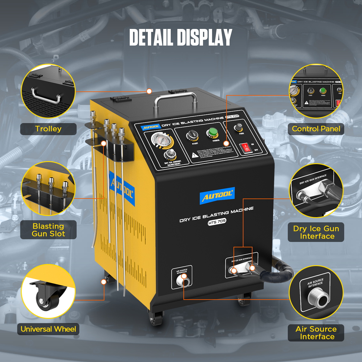 AUTOOL HTS705 control panel, air inlet, gun interface and hose storage points