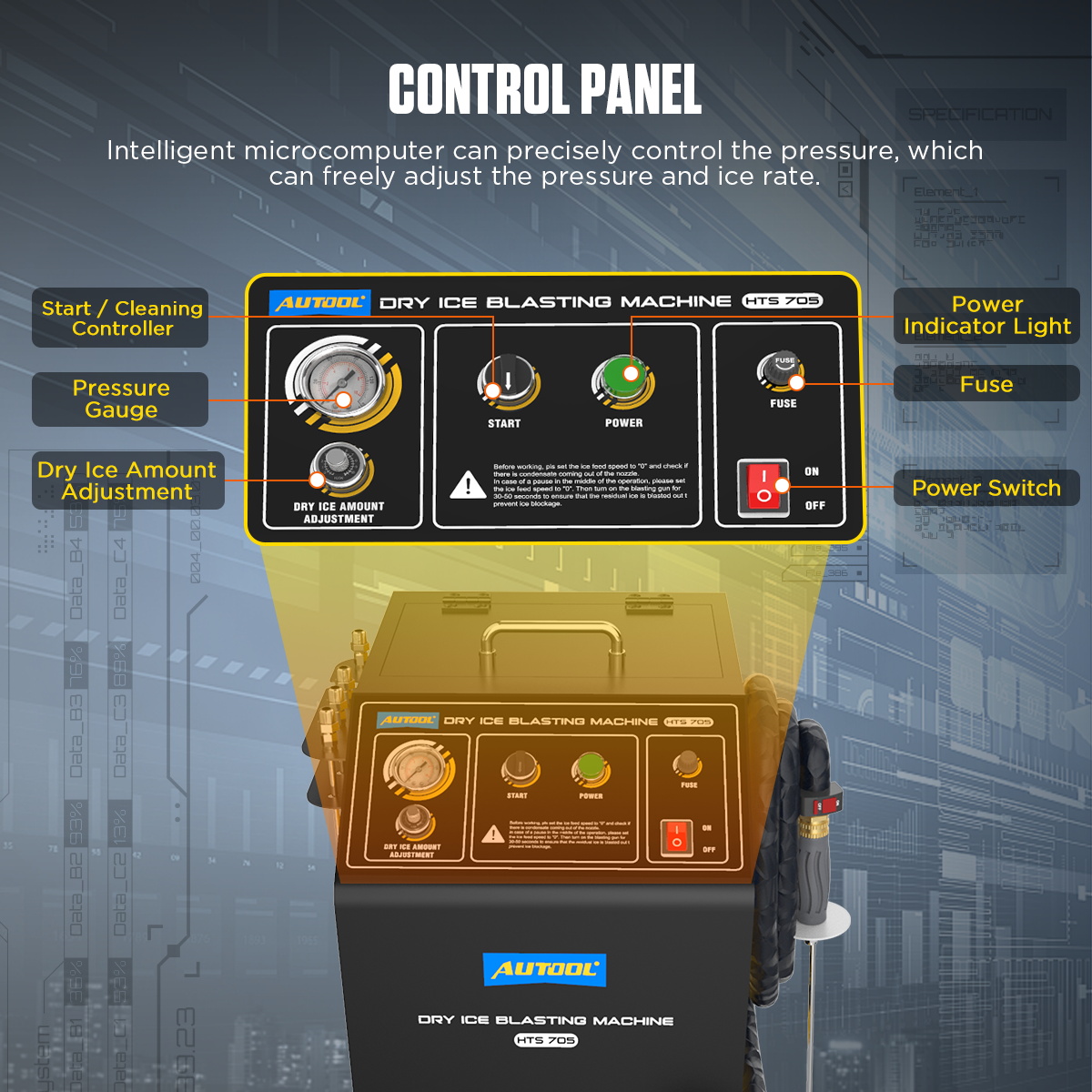 AUTOOL HTS705 pressure gauge, dry-ice amount controller, Start control and power switch