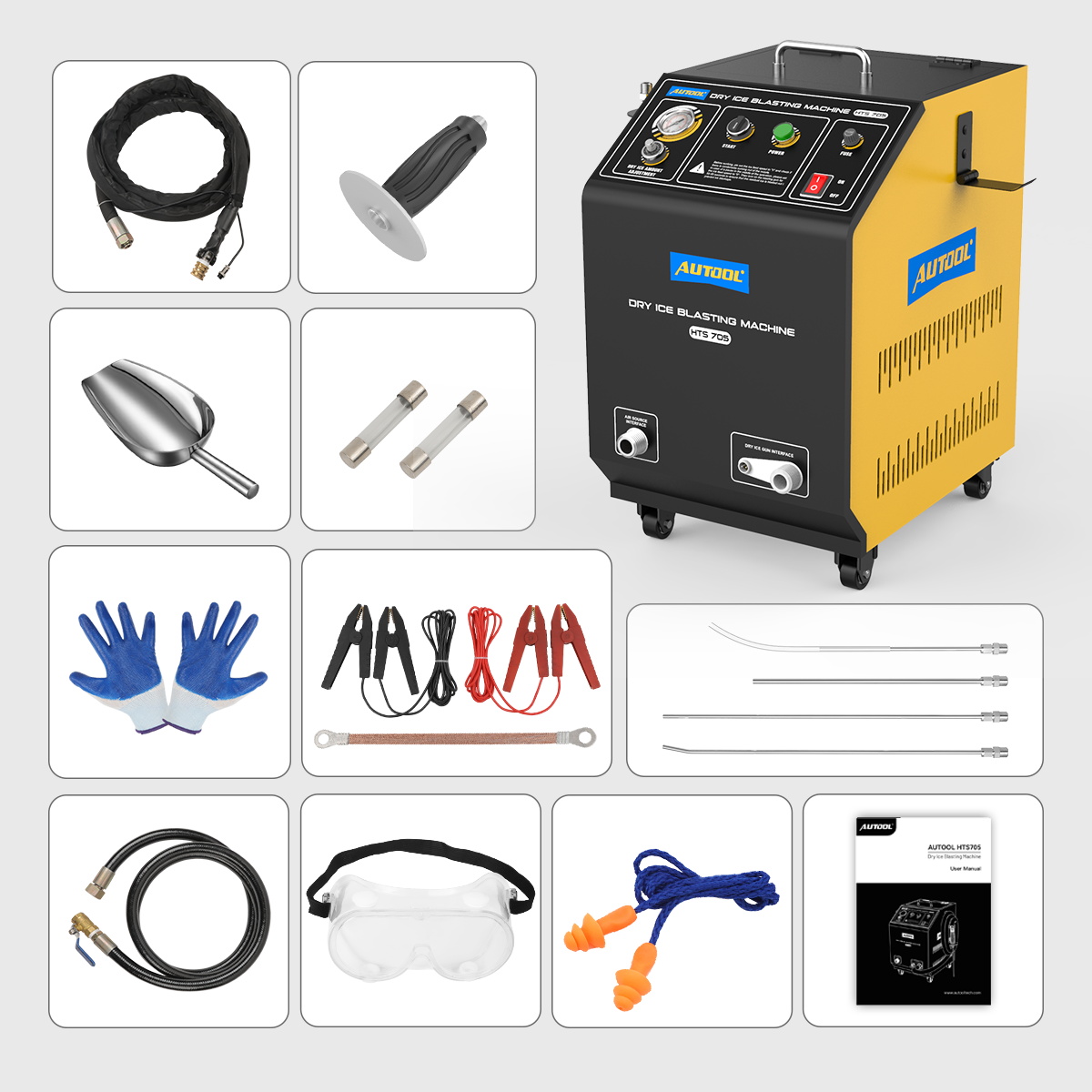 AUTOOL HTS705 dry ice blaster with hose, nozzles, fittings and protective accessories