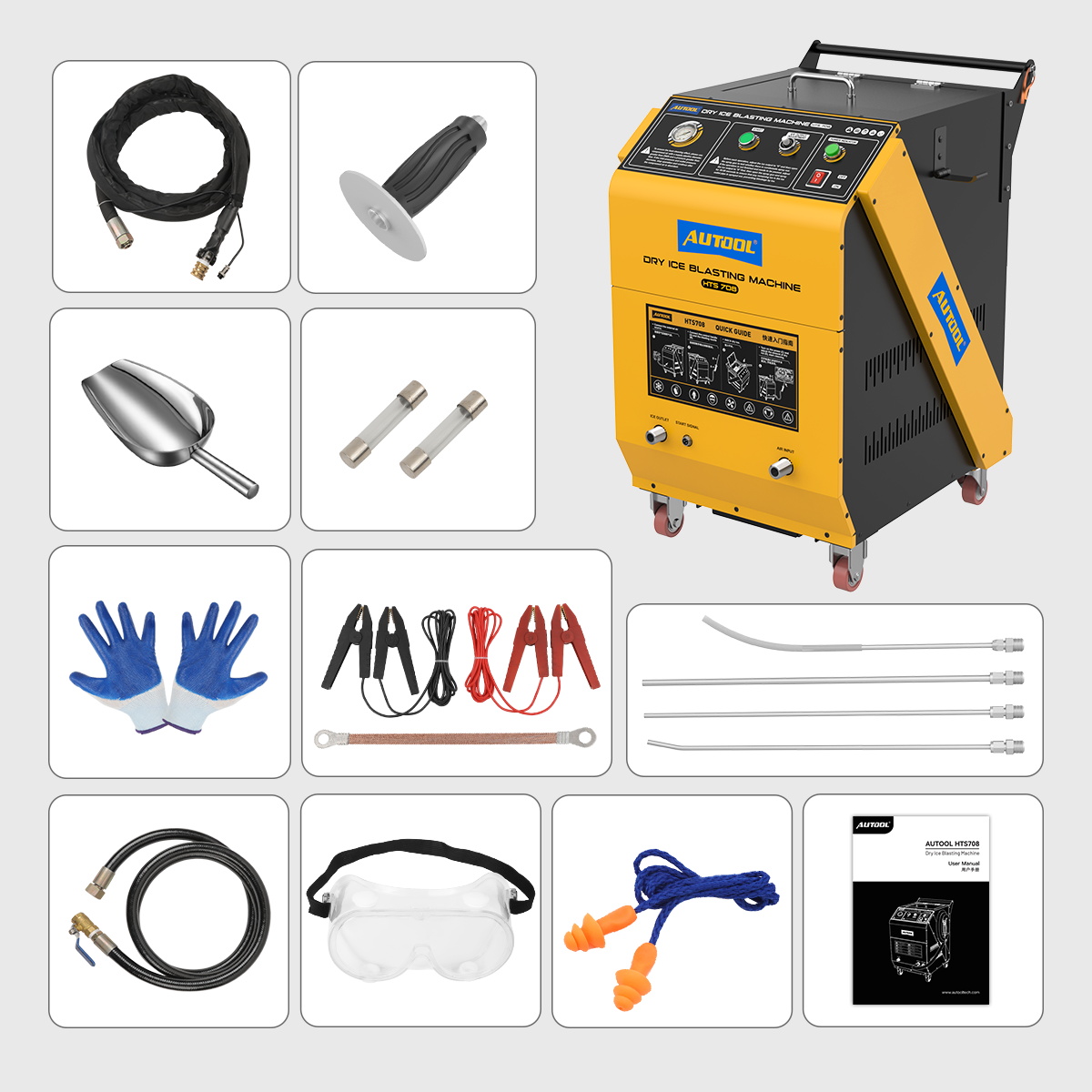 AUTOOL HTS708 dry ice blaster with hose, gun, nozzles, scoop, fuses and protective accessories