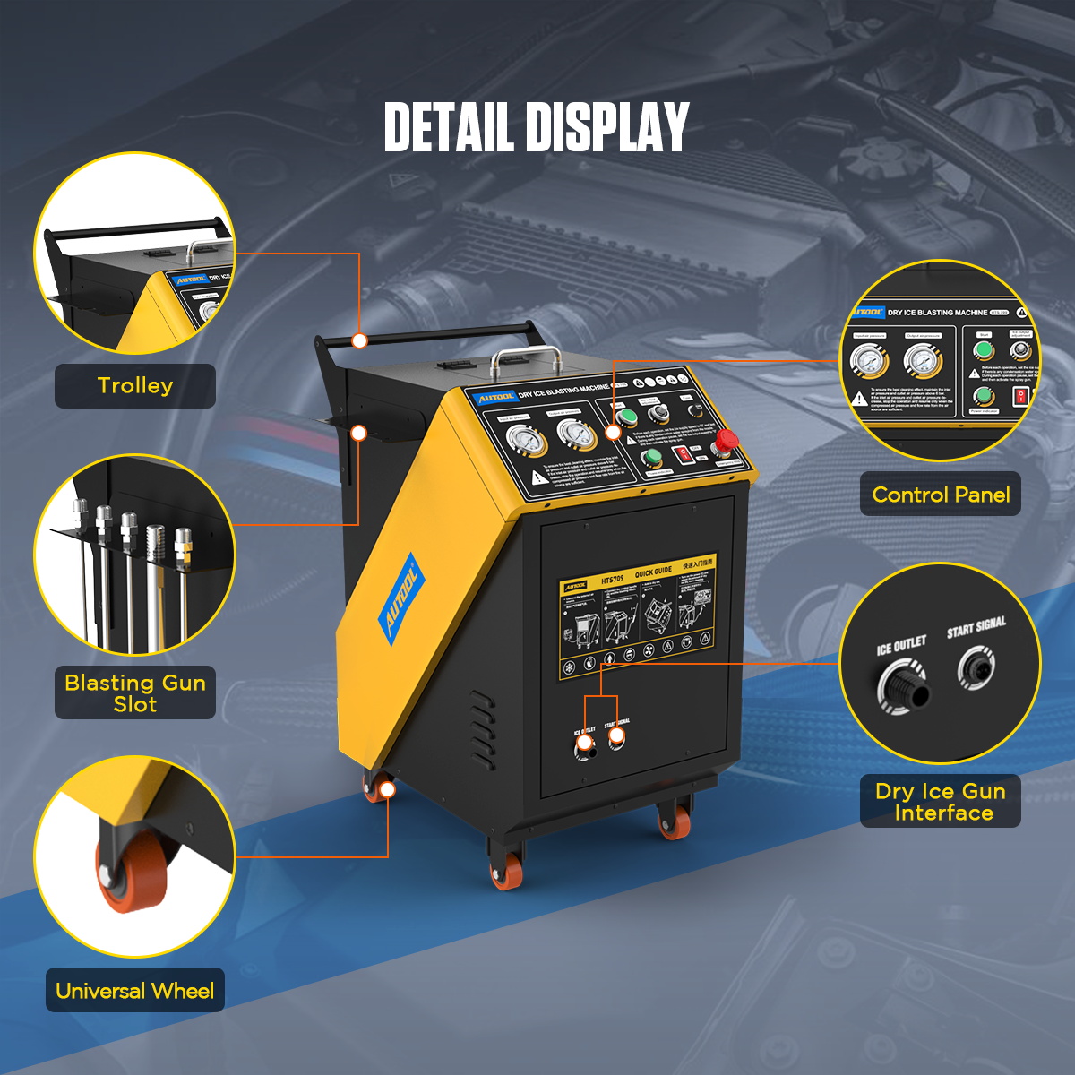 AUTOOL HTS709 trolley, control panel, gun slot, gun interface and universal wheels