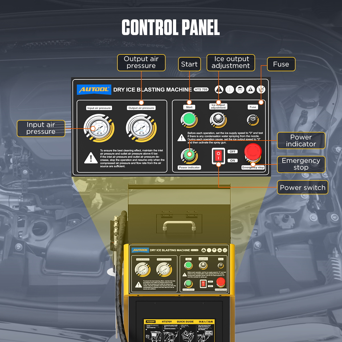 AUTOOL HTS709 input and output pressure gauges, Start, ice-output control, power switch and emergency stop