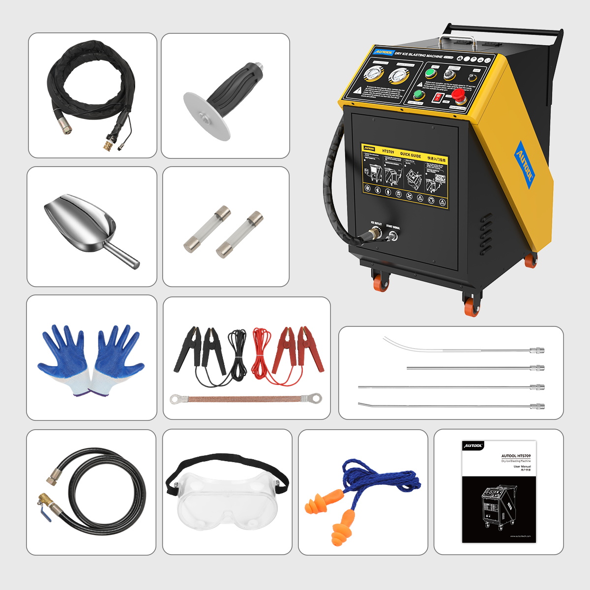 AUTOOL HTS709 dry ice blaster with hose, gun, spray tubes, scoop, fuses and protective accessories