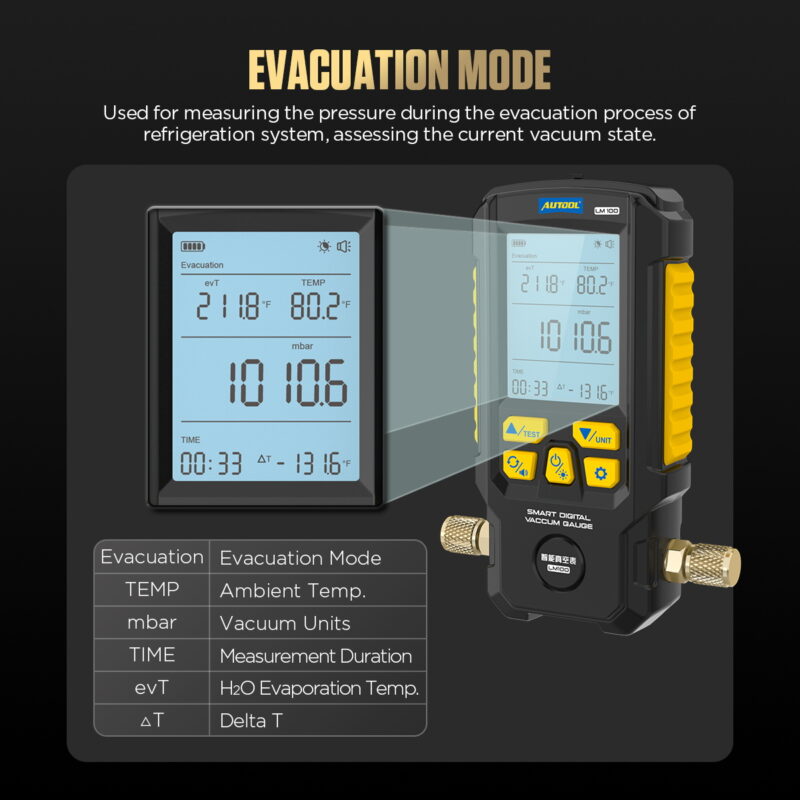 AUTOOL LM100 evacuation screen labeled with current pressure time ambient temperature and water evaporation temperature