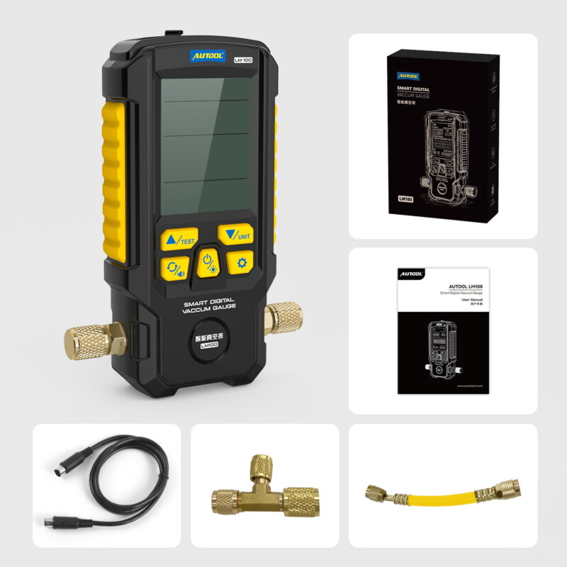 AUTOOL LM100 gauge with cable brass connector short hose manual and box