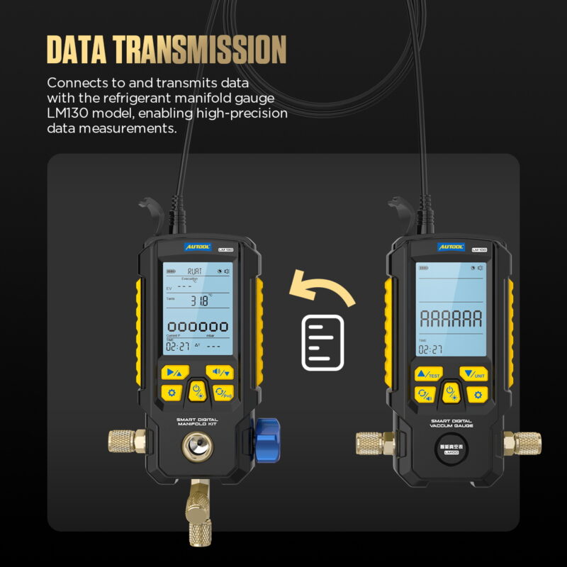AUTOOL LM100 connected by cable to an AUTOOL LM130 digital manifold